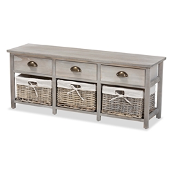 Baxton Studio Mabyn Modern and Contemporary Light Grey Finished Wood 3-Drawer Storage Bench with Baskets